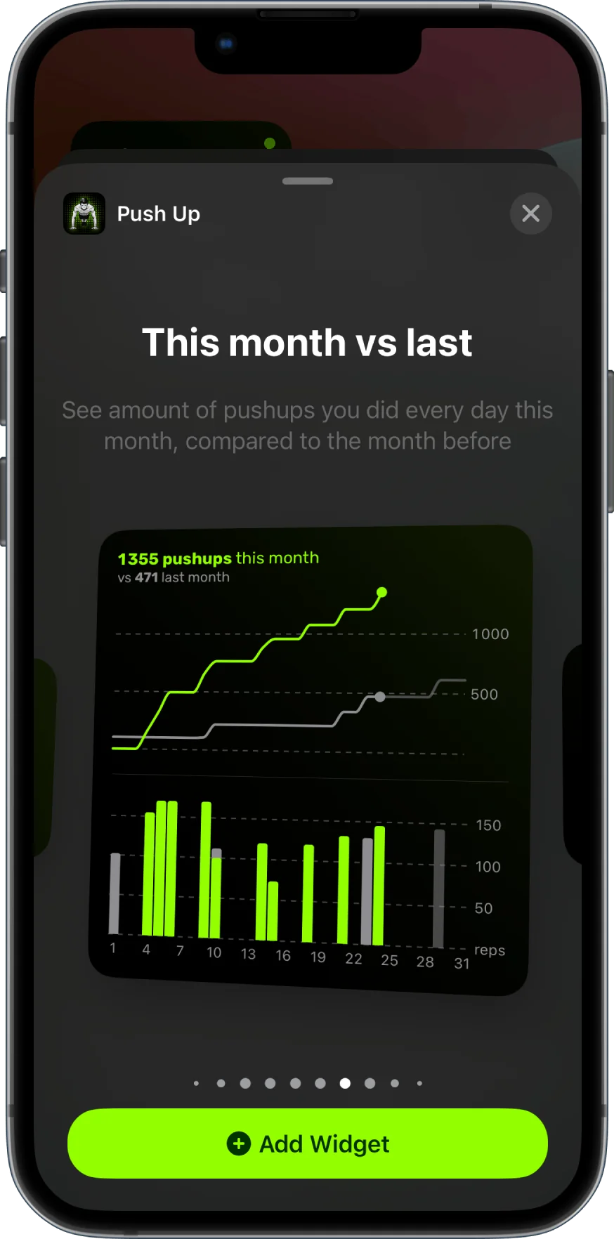 The widget gallery showing a chart of this month's push-ups against last month's, with the Add Widget button.