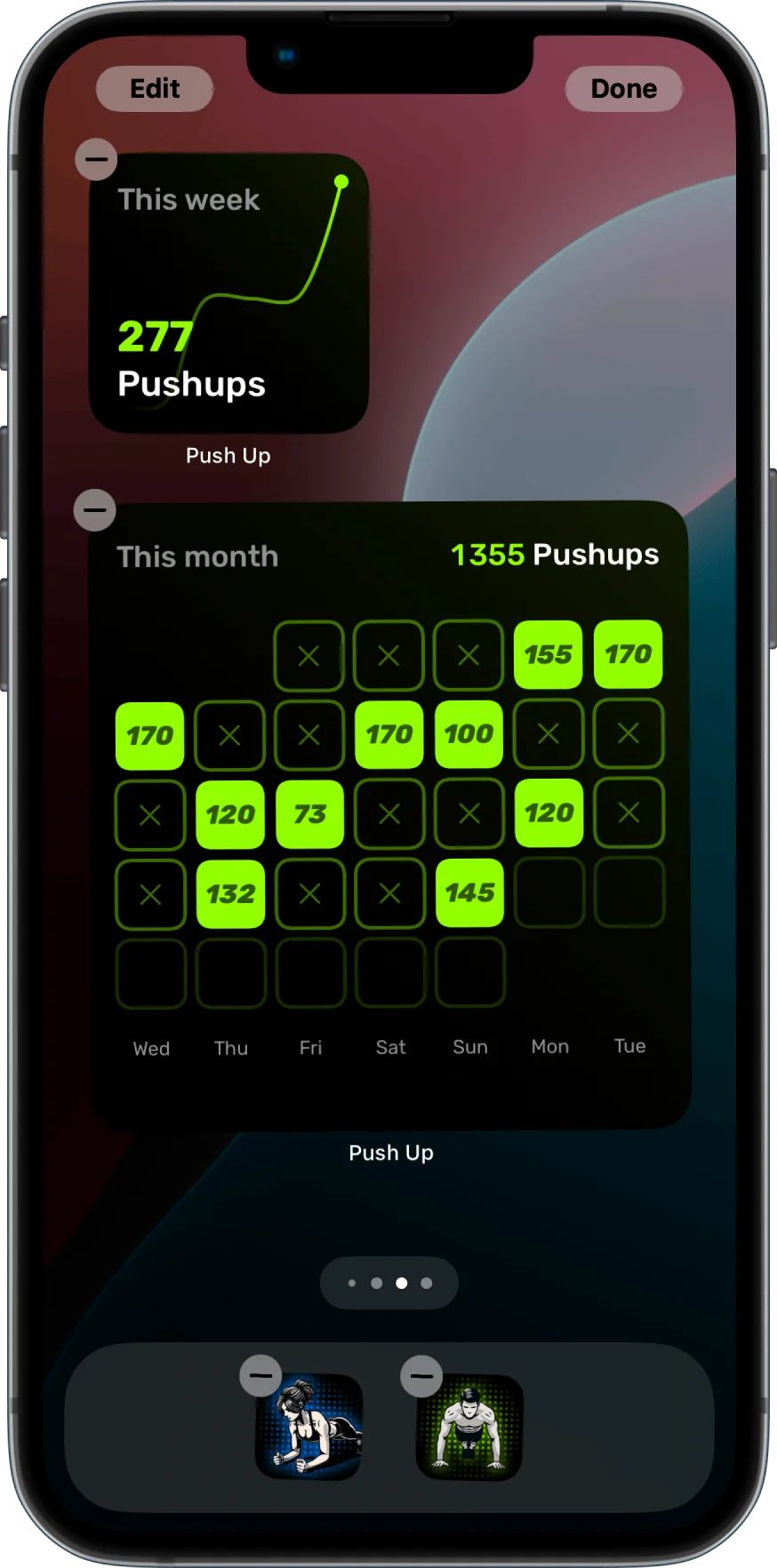 A Home Screen with a weekly push-up chart widget and a monthly calendar of push-up counts.