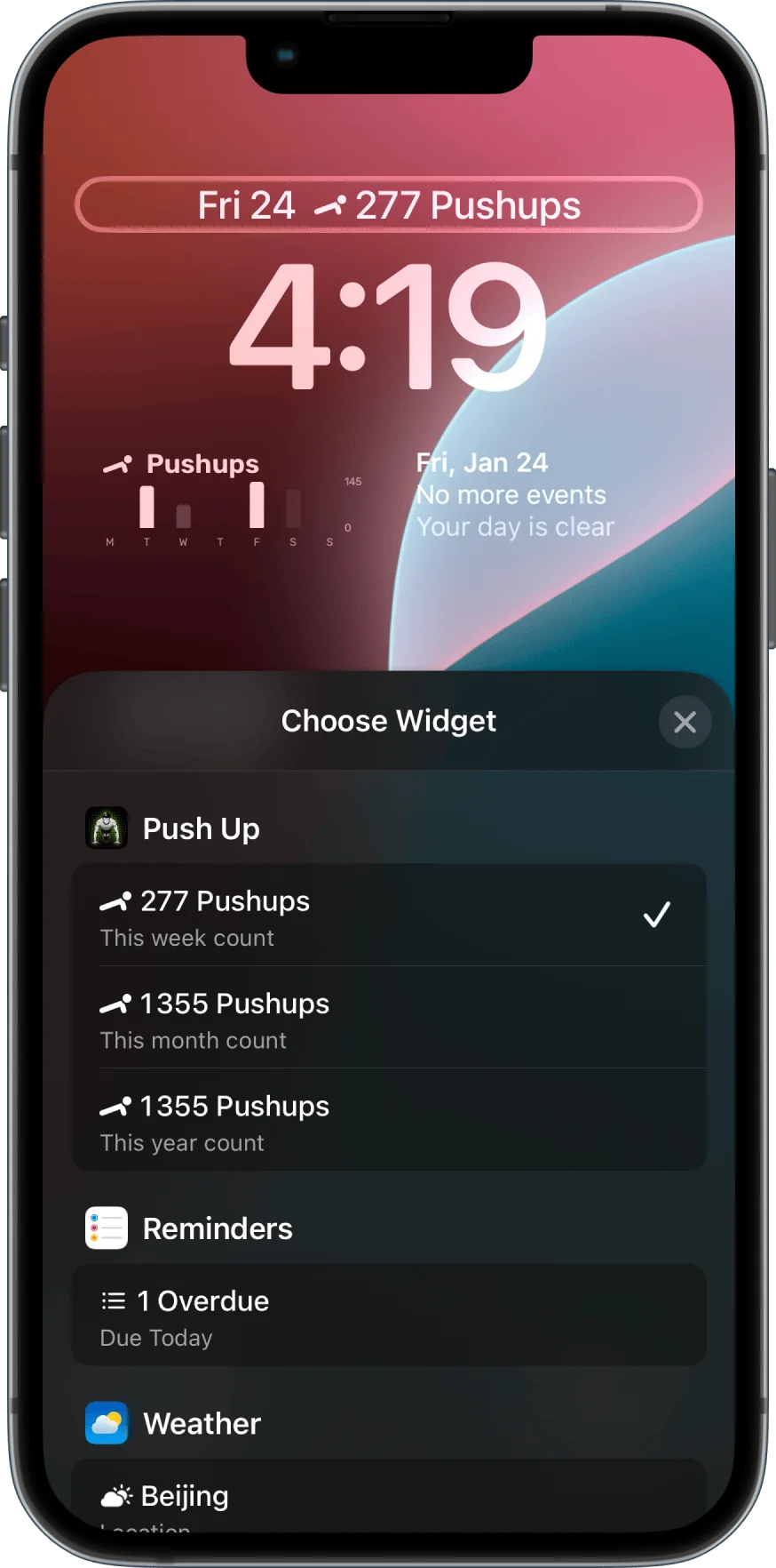 A Lock Screen with the week's push-up count above the time, and the list of inline widgets.