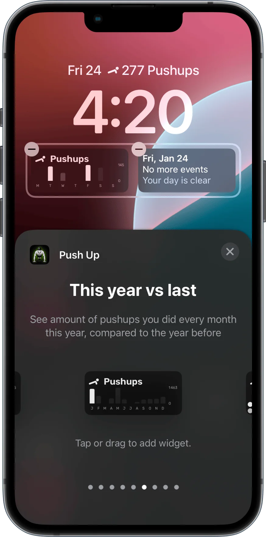 A Lock Screen with a weekly push-up chart widget and a calendar widget, above the gallery of the app's widgets.